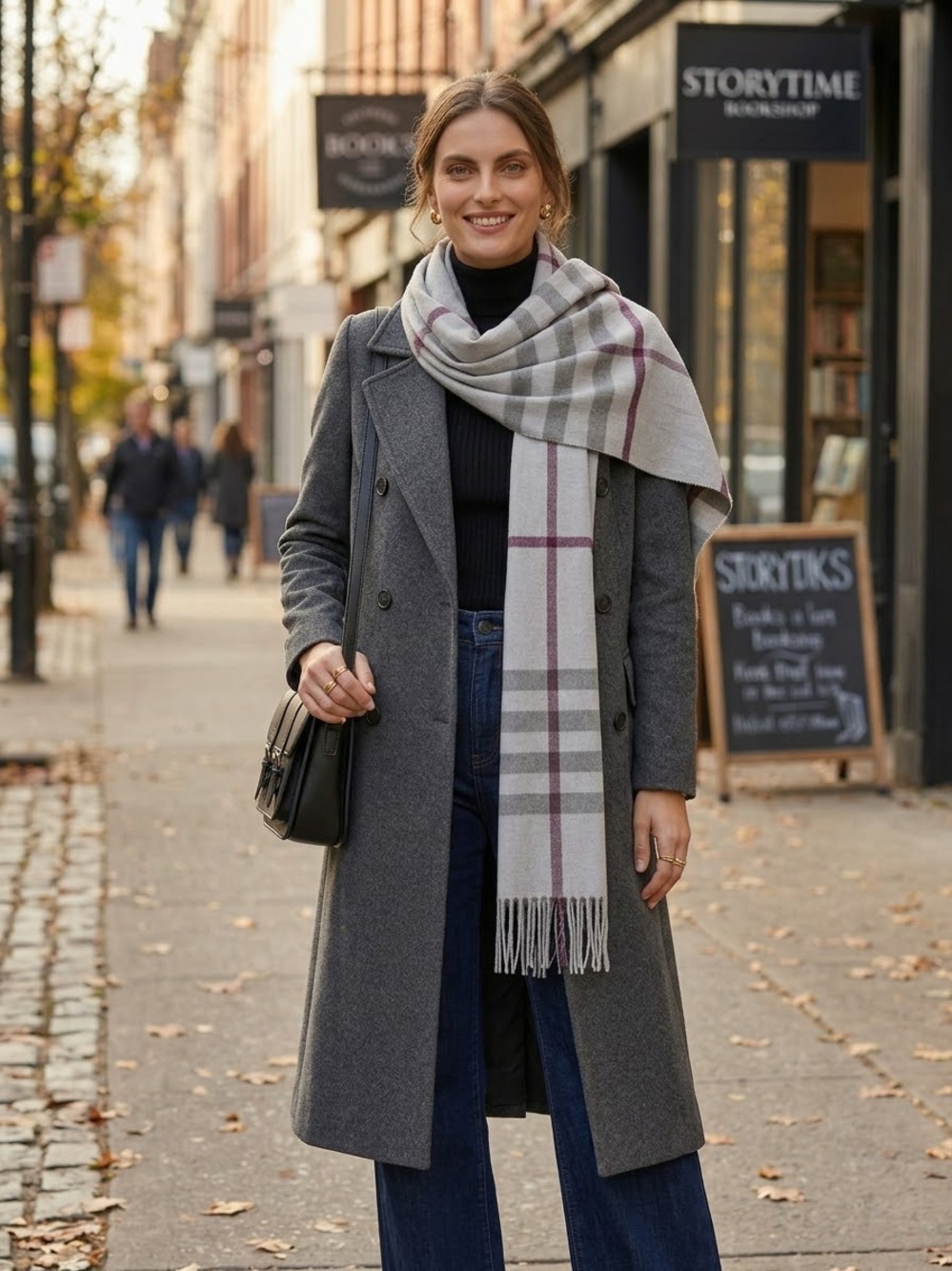 LOVE & LORE Plaid Fringe Wrap Scarf in Light Gray and Plum